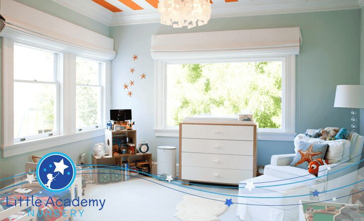 A blue theme room is fully decorated with child things like white board, sofa lamp and windows they are all blue and white color